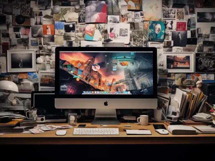Image d'un ordinateur et de photos au mur